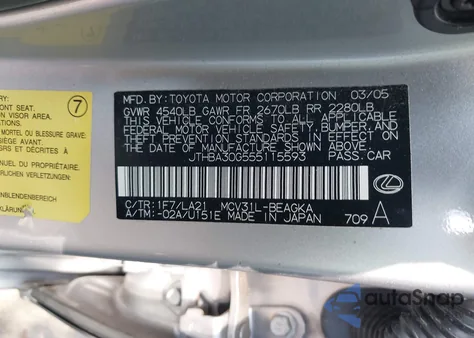 2005 Lexus Es 330 из США, поврежденный, VIN JTHBA30G555115593